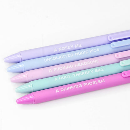 A set of 5 multicolored soft touch pens with black gel ink, each pen has a different color and a humorous phrase printed on the top.